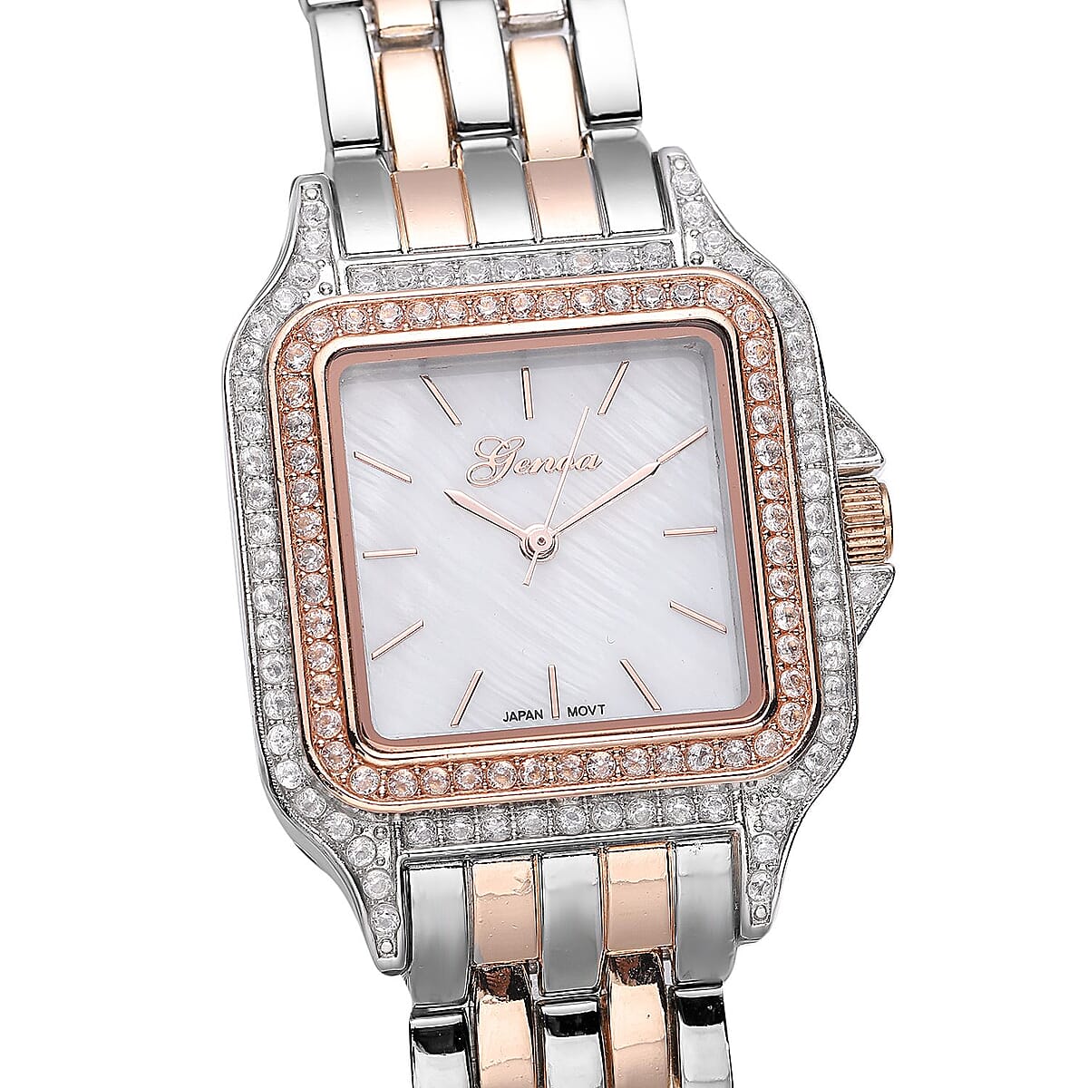 Genoa Simulated Diamond Miyota Japanese Movement White MOP Dial Watch in Dualtone Strap (33.27mm) (6.0-7.75 Inch) 1.75 ctw image number 3