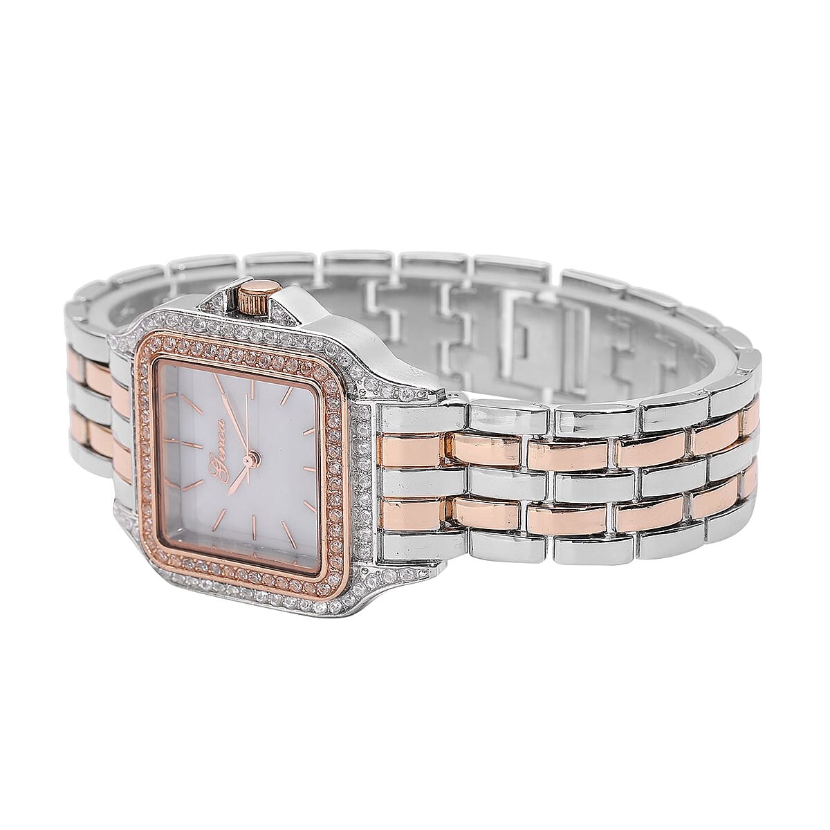 Genoa Simulated Diamond Miyota Japanese Movement White MOP Dial Watch in Dualtone Strap (33.27mm) (6.0-7.75 Inch) 1.75 ctw image number 4