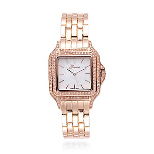 Genoa Simulated Diamond Miyota Japanese Movement White MOP Dial Watch in Rosetone Strap (33.27mm) (6.0-7.75 Inch) 1.75 ctw