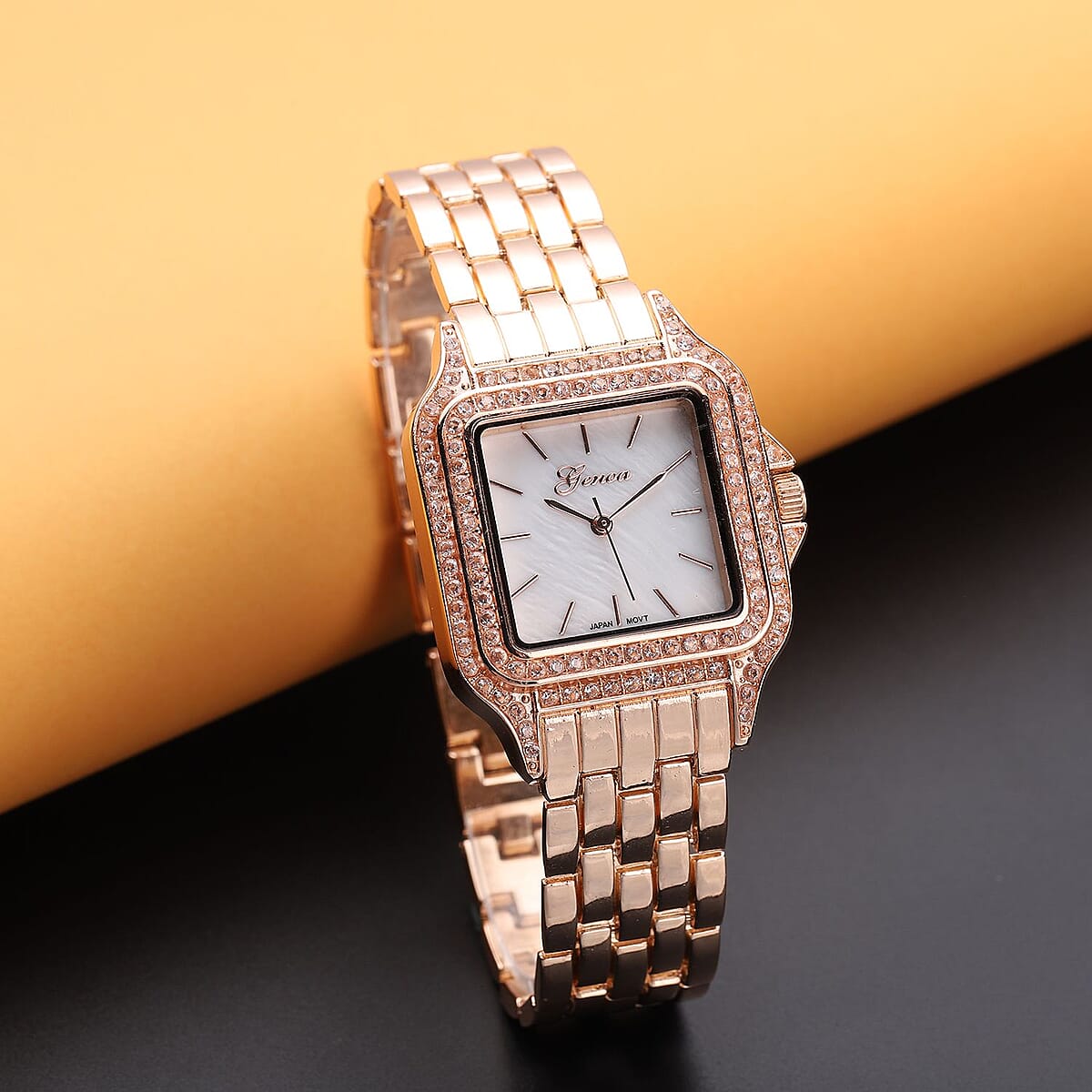 Genoa Simulated Diamond Miyota Japanese Movement White MOP Dial Watch in Rosetone Strap (33.27mm) (6.0-7.75 Inch) 1.75 ctw image number 1