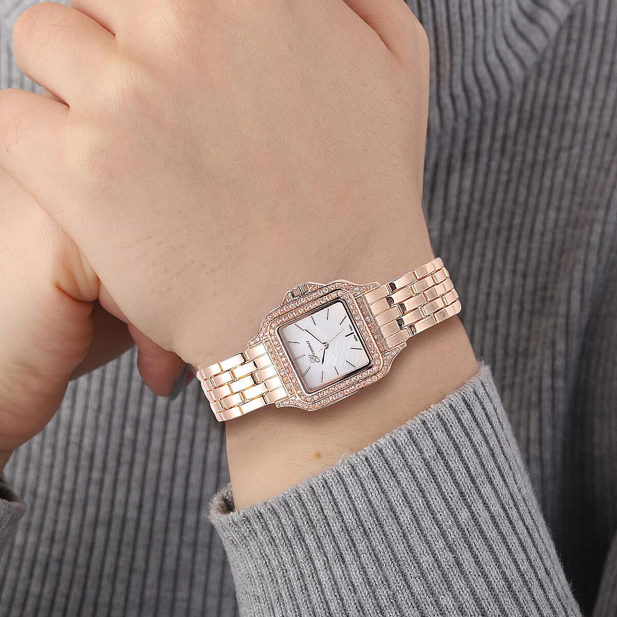 Genoa Simulated Diamond Miyota Japanese Movement White MOP Dial Watch in Rosetone Strap (33.27mm) (6.0-7.75 Inch) 1.75 ctw image number 2