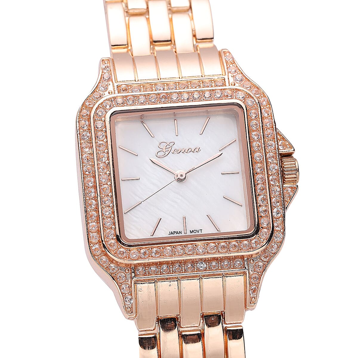 Genoa Simulated Diamond Miyota Japanese Movement White MOP Dial Watch in Rosetone Strap (33.27mm) (6.0-7.75 Inch) 1.75 ctw image number 3