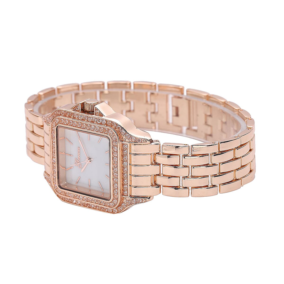 Genoa Simulated Diamond Miyota Japanese Movement White MOP Dial Watch in Rosetone Strap (33.27mm) (6.0-7.75 Inch) 1.75 ctw image number 4