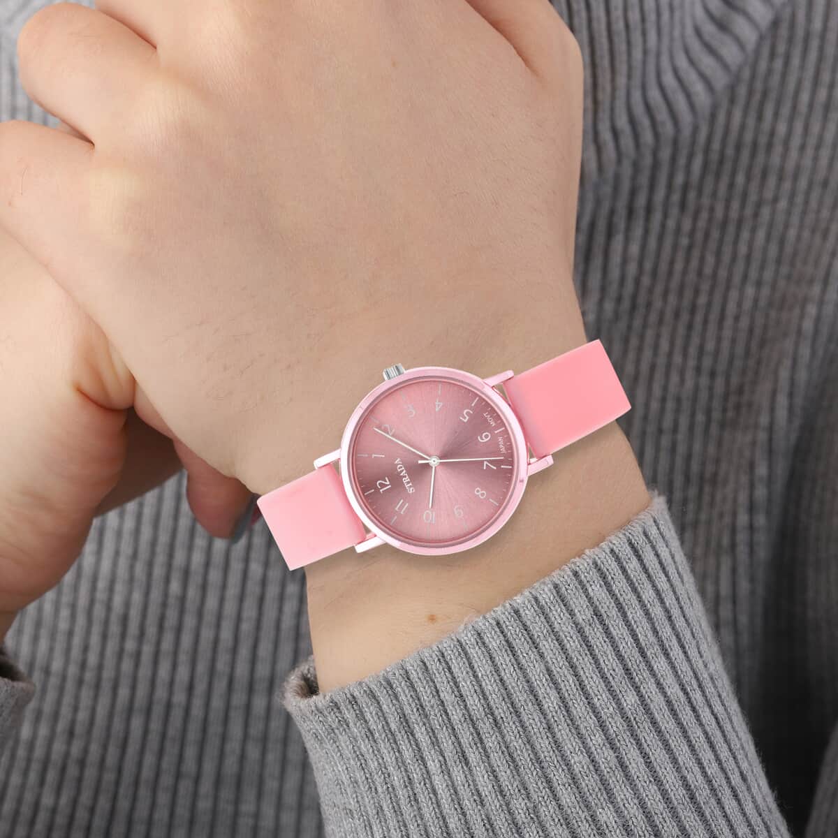 STRADA Japanese Movement Monochromatic Pink Dial Watch with Pink Silicone Strap image number 2