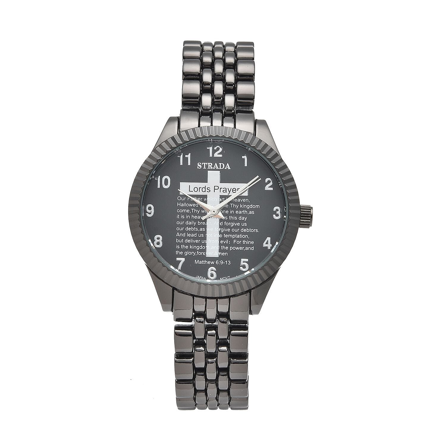 Strada Japanese Movement Cross Lords Prayer Pattern Dial Watch in Blacktone Strap (36mm) (7.50-8.25Inches)