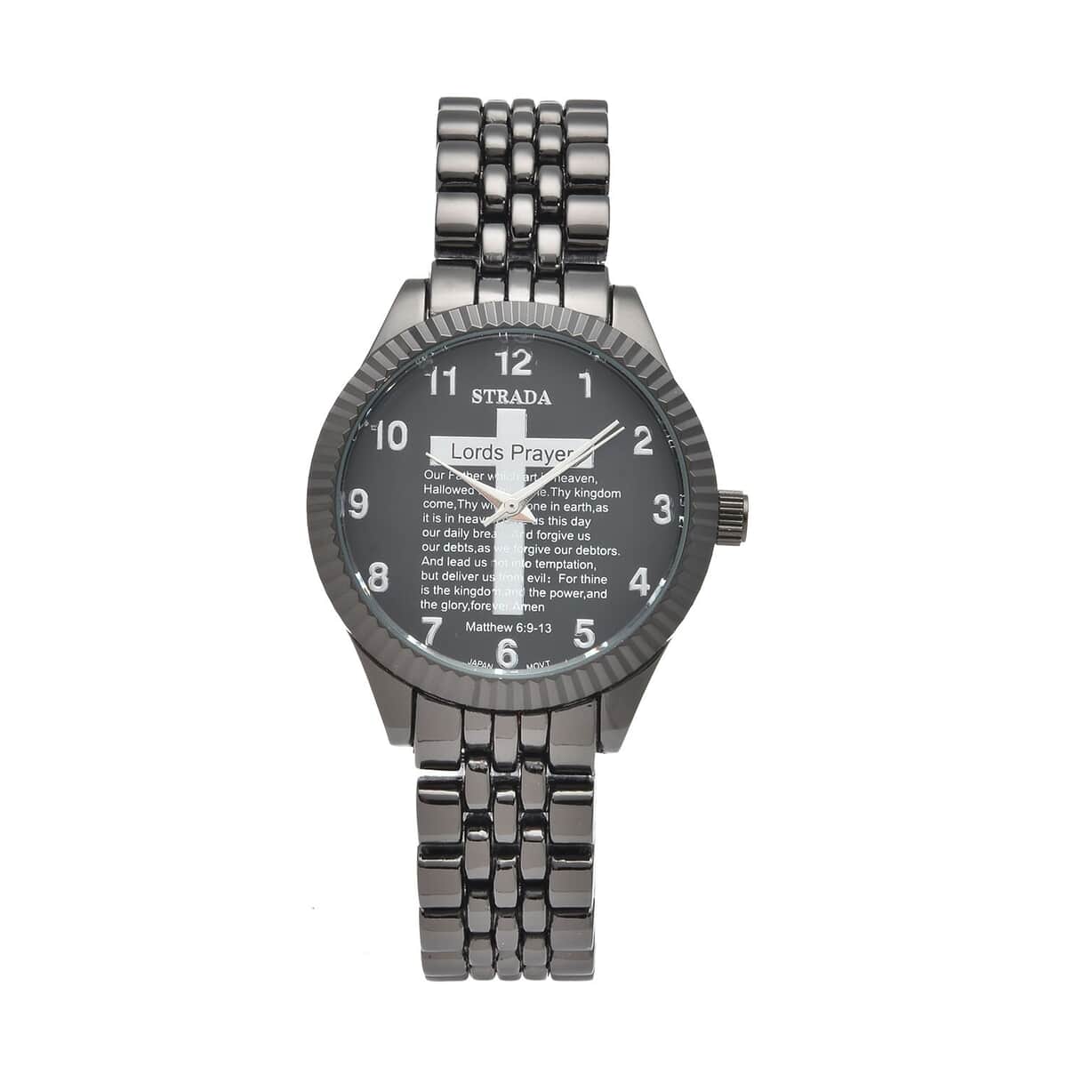 STRADA Japanese Movement Cross Lords Prayer Pattern Dial Watch in Blacktone Strap image number 0