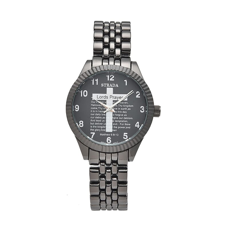 Strada Japanese Movement Cross Lords Prayer Pattern Dial Watch in Blacktone Strap (36mm) (7.50-8.25Inches)