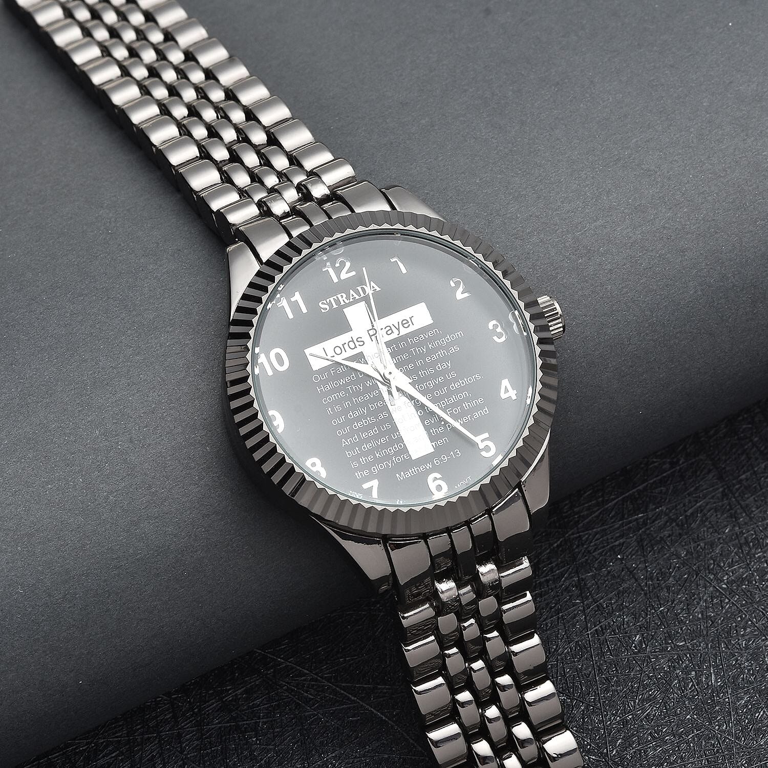 Strada Japanese Movement Cross Lords Prayer Pattern Dial Watch in Blacktone Strap (36mm) (7.50-8.25Inches)