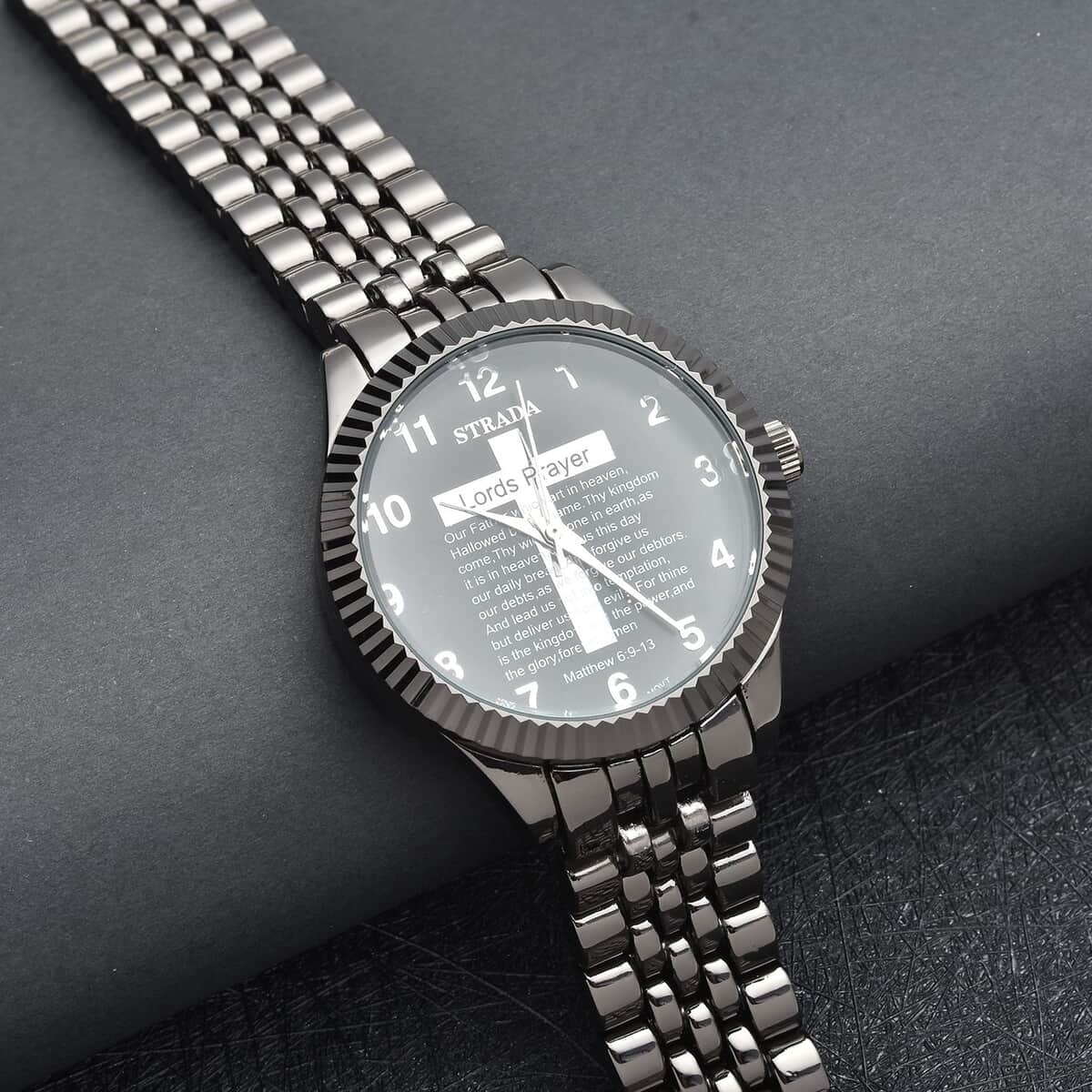 STRADA Japanese Movement Cross Lords Prayer Pattern Dial Watch in Blacktone Strap image number 1