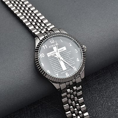 Strada Japanese Movement Cross Lords Prayer Pattern Dial Watch in Blacktone Strap (36mm) (7.50-8.25Inches)