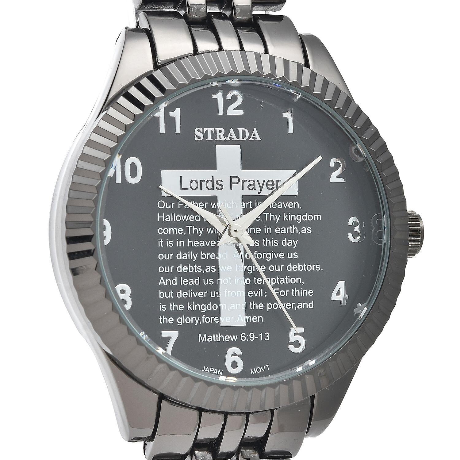 Strada Japanese Movement Cross Lords Prayer Pattern Dial Watch in Blacktone Strap (36mm) (7.50-8.25Inches)