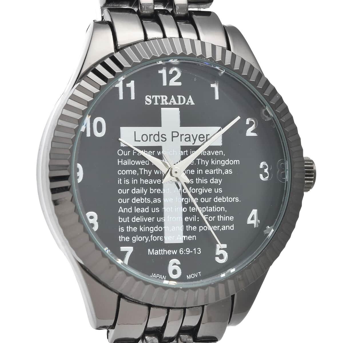 STRADA Japanese Movement Cross Lords Prayer Pattern Dial Watch in Blacktone Strap image number 3