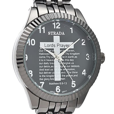 Strada Japanese Movement Cross Lords Prayer Pattern Dial Watch in Blacktone Strap (36mm) (7.50-8.25Inches)