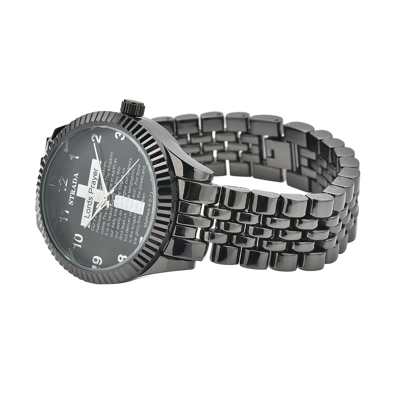 Strada Japanese Movement Cross Lords Prayer Pattern Dial Watch in Blacktone Strap (36mm) (7.50-8.25Inches)