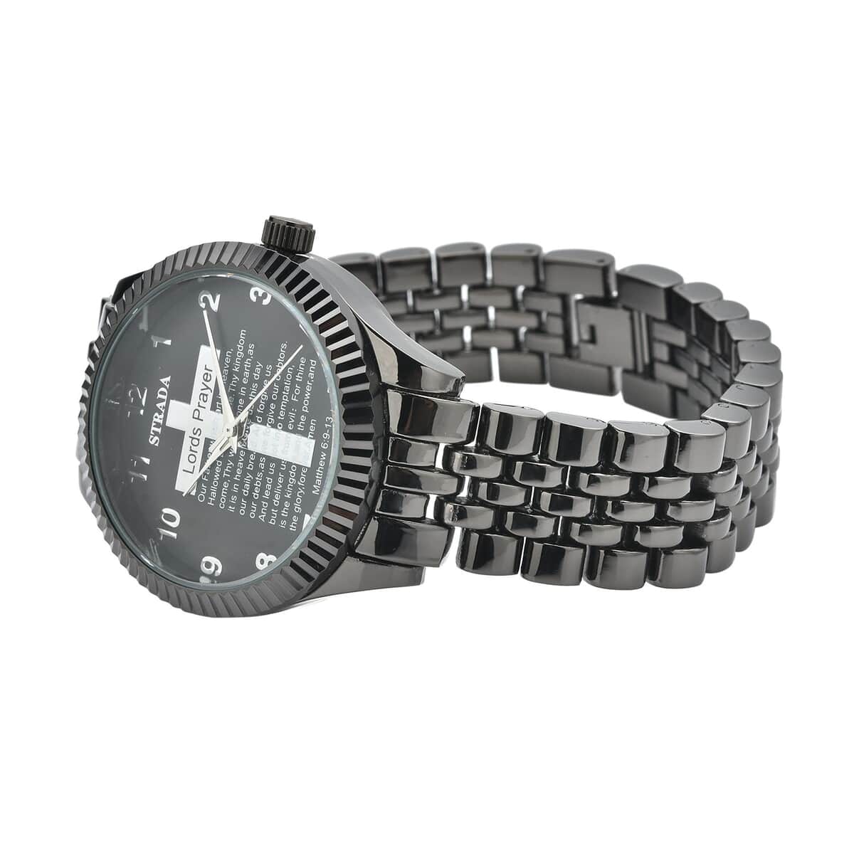 STRADA Japanese Movement Cross Lords Prayer Pattern Dial Watch in Blacktone Strap image number 4