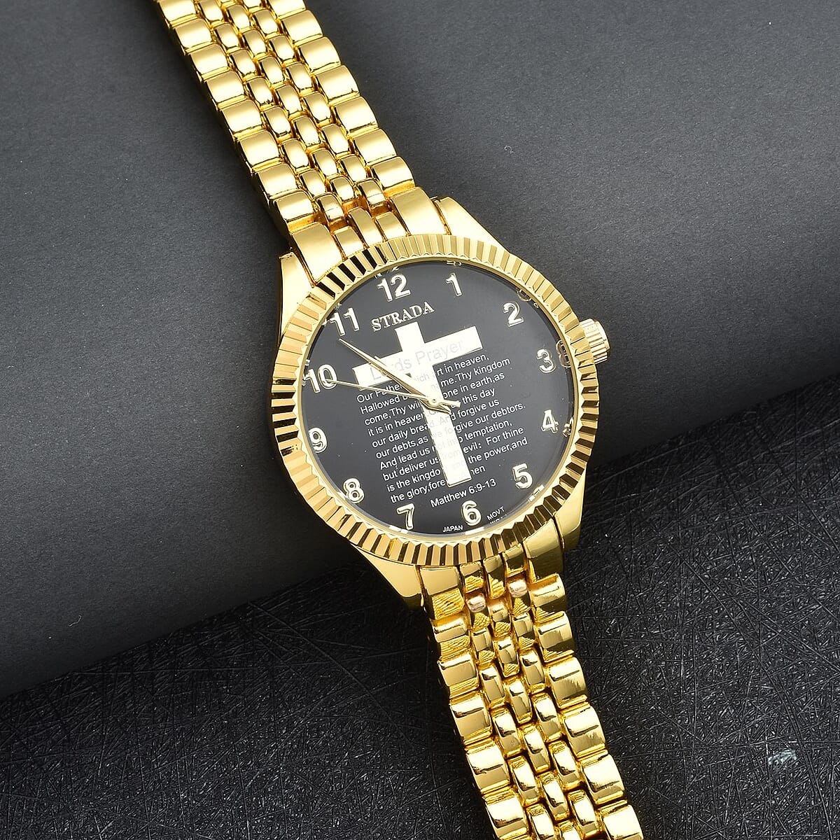 Strada Japanese Movement Cross Lords Prayer Pattern Dial Watch in Goldtone Strap (36mm) (7.50-8.25Inches) image number 1