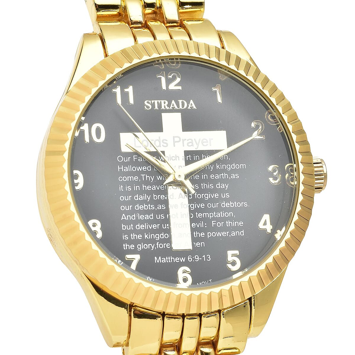 Strada Japanese Movement Cross Lords Prayer Pattern Dial Watch in Goldtone Strap (36mm) (7.50-8.25Inches) image number 3