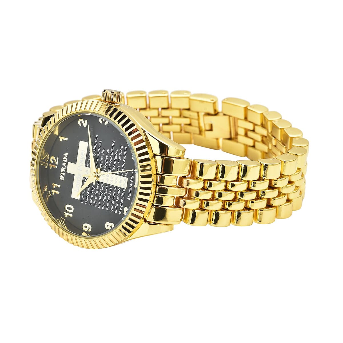 Strada Japanese Movement Cross Lords Prayer Pattern Dial Watch in Goldtone Strap (36mm) (7.50-8.25Inches) image number 4
