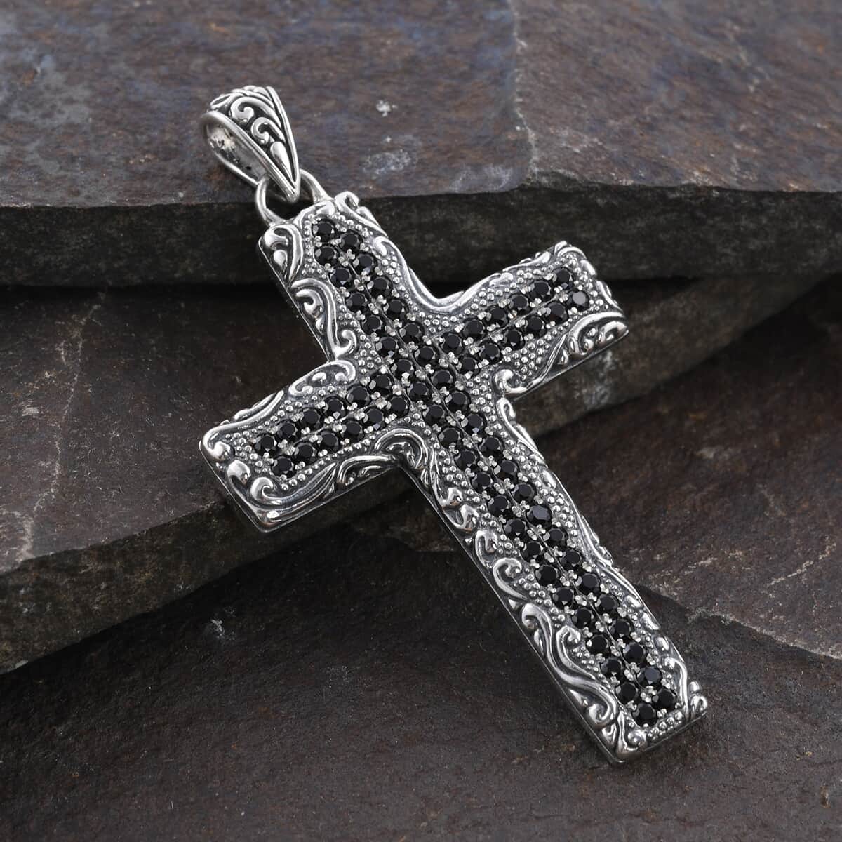 Bali Legacy Thai Black Spinel Cross Pendant in Sterling Silver 1.35 ctw image number 1