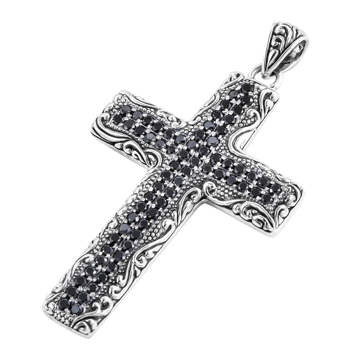 Bali Legacy Thai Black Spinel Cross Pendant in Sterling Silver 1.35 ctw image number 2