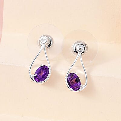Amethyst and White Zircon Stud Earrings in Sterling Silver 1.00 ctw