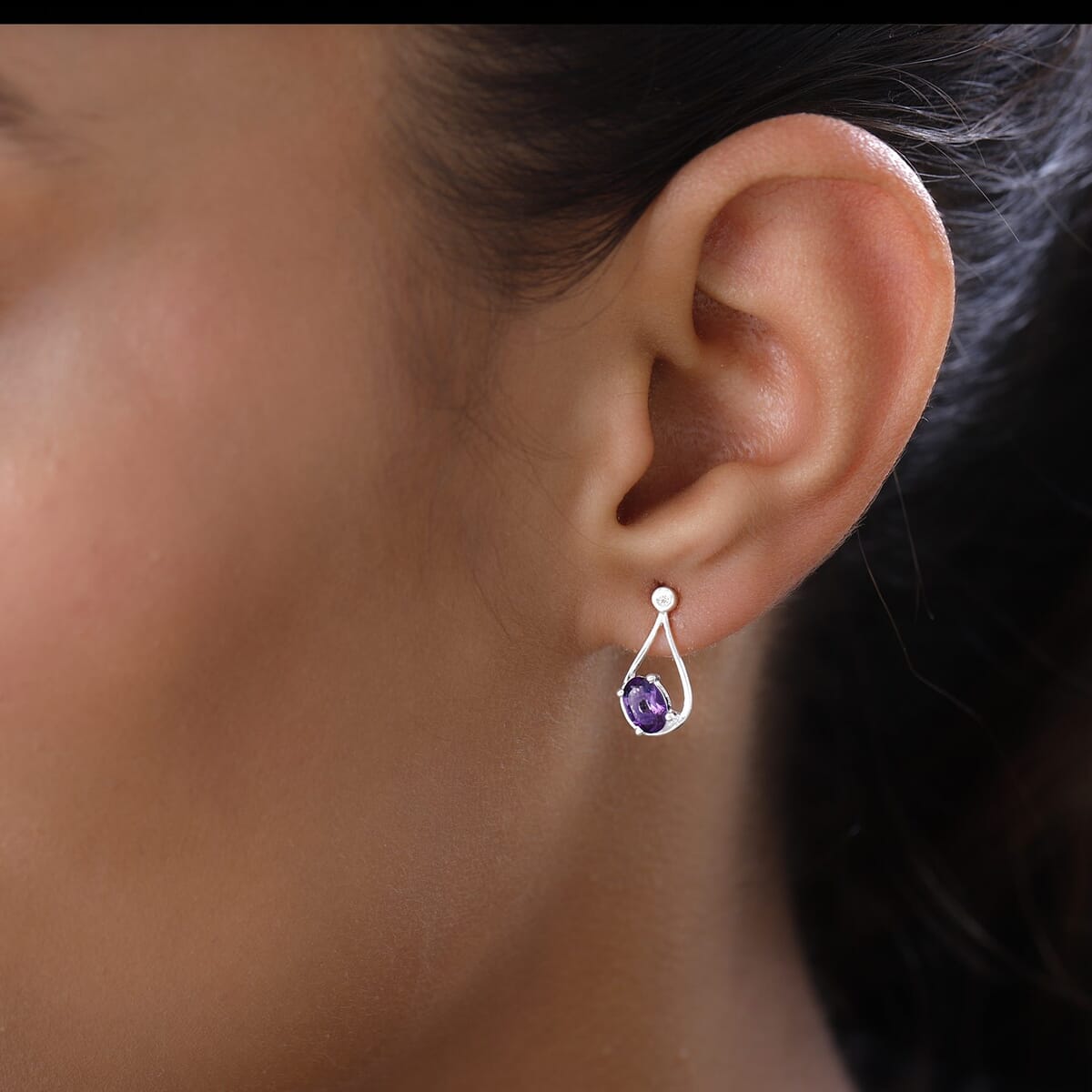 Amethyst and Natural White Zircon Stud Earrings in Sterling Silver 1.00 ctw (Delivery in 7-10 Business Days) image number 2