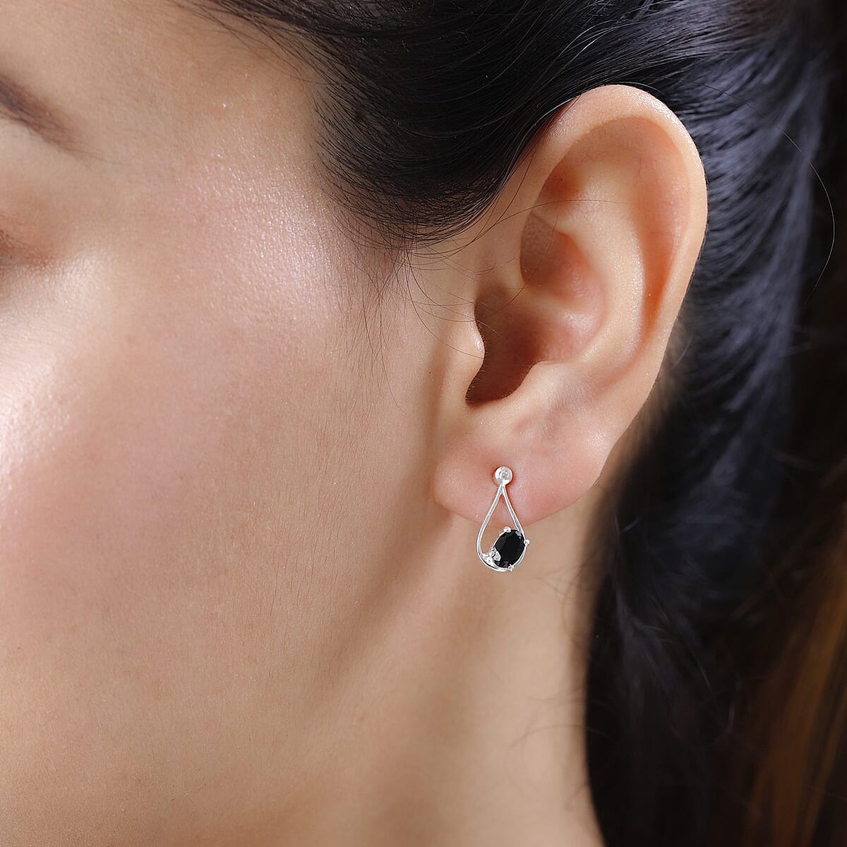 Thai Black Spinel and White Zircon Earrings in Sterling Silver 1.25 ctw image number 2