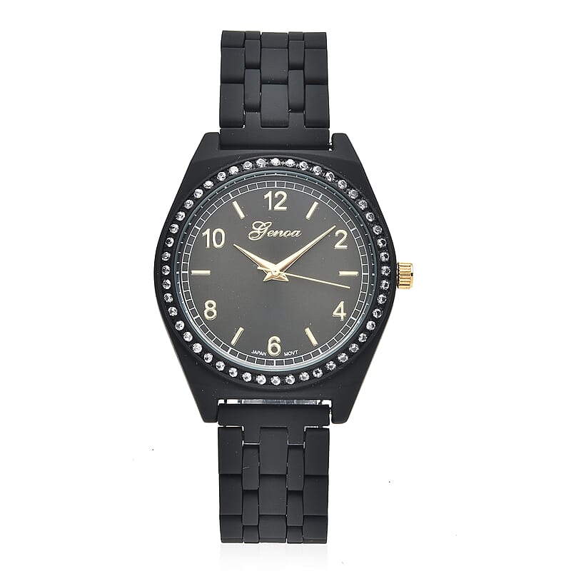 Genoa Simulated Diamond Miyota Japanese Movement in Watch in ION Plated Black Stainless Steel Strap 0.75 ctw