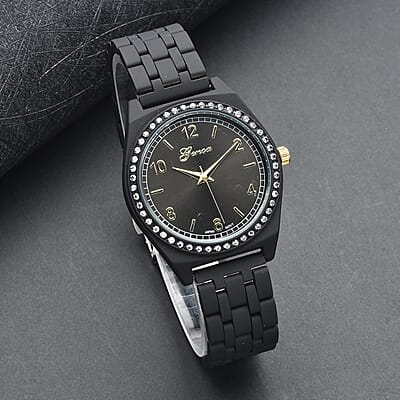 Genoa Simulated Diamond Miyota Japanese Movement in Watch in ION Plated Black Stainless Steel Strap 0.75 ctw
