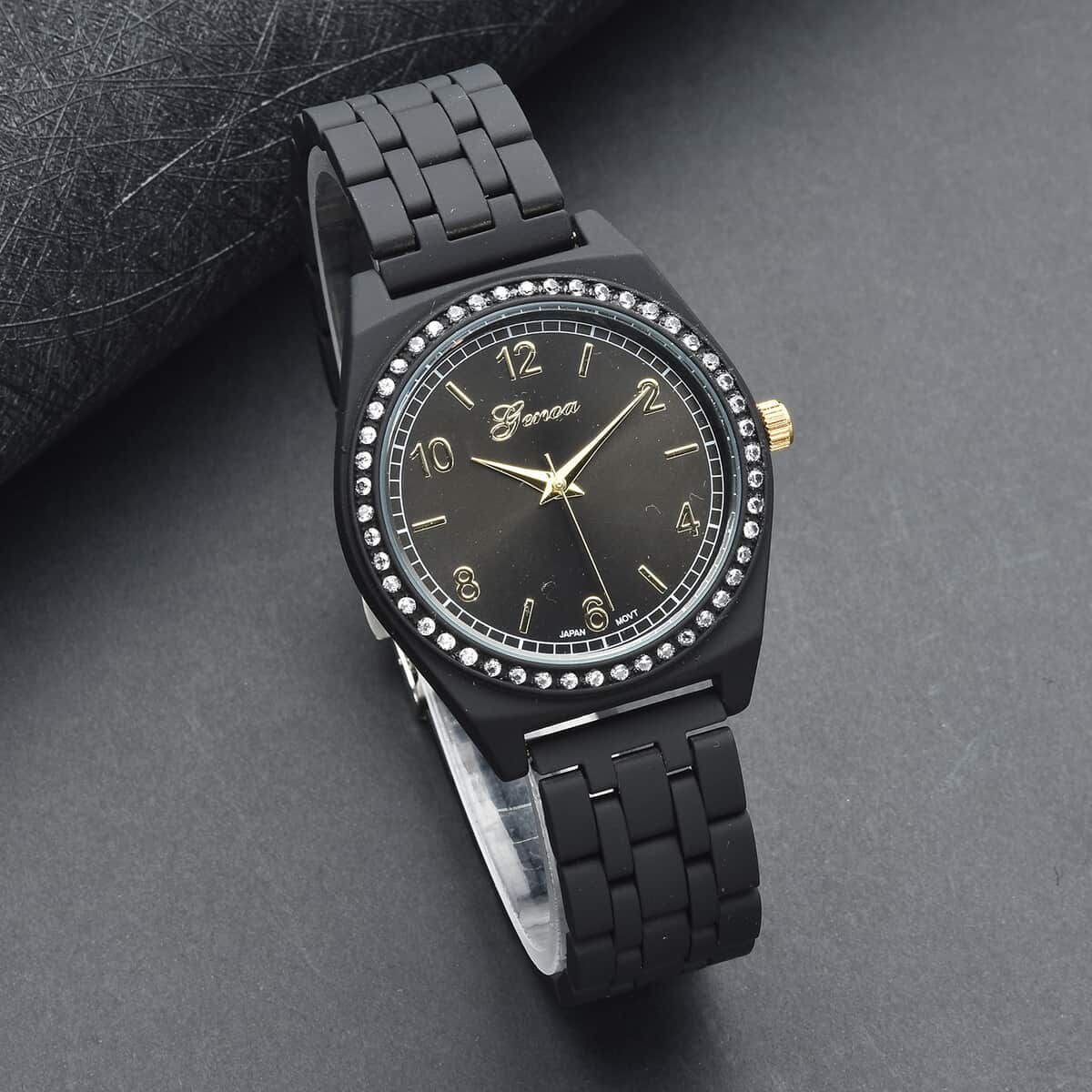 GENOA Simulated Diamond Miyota Japanese Movement in Watch in ION Plated Black Stainless Steel Strap 0.75 ctw image number 1