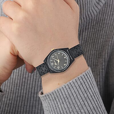 Genoa Simulated Diamond Miyota Japanese Movement in Watch in ION Plated Black Stainless Steel Strap 0.75 ctw