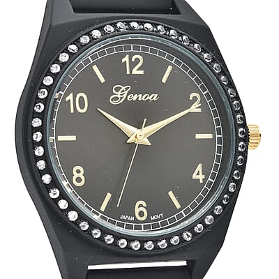 Genoa Simulated Diamond Miyota Japanese Movement in Watch in ION Plated Black Stainless Steel Strap 0.75 ctw