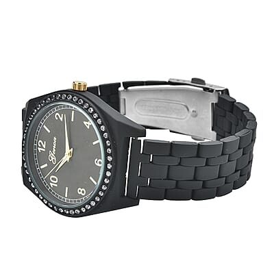 Genoa Simulated Diamond Miyota Japanese Movement in Watch in ION Plated Black Stainless Steel Strap 0.75 ctw