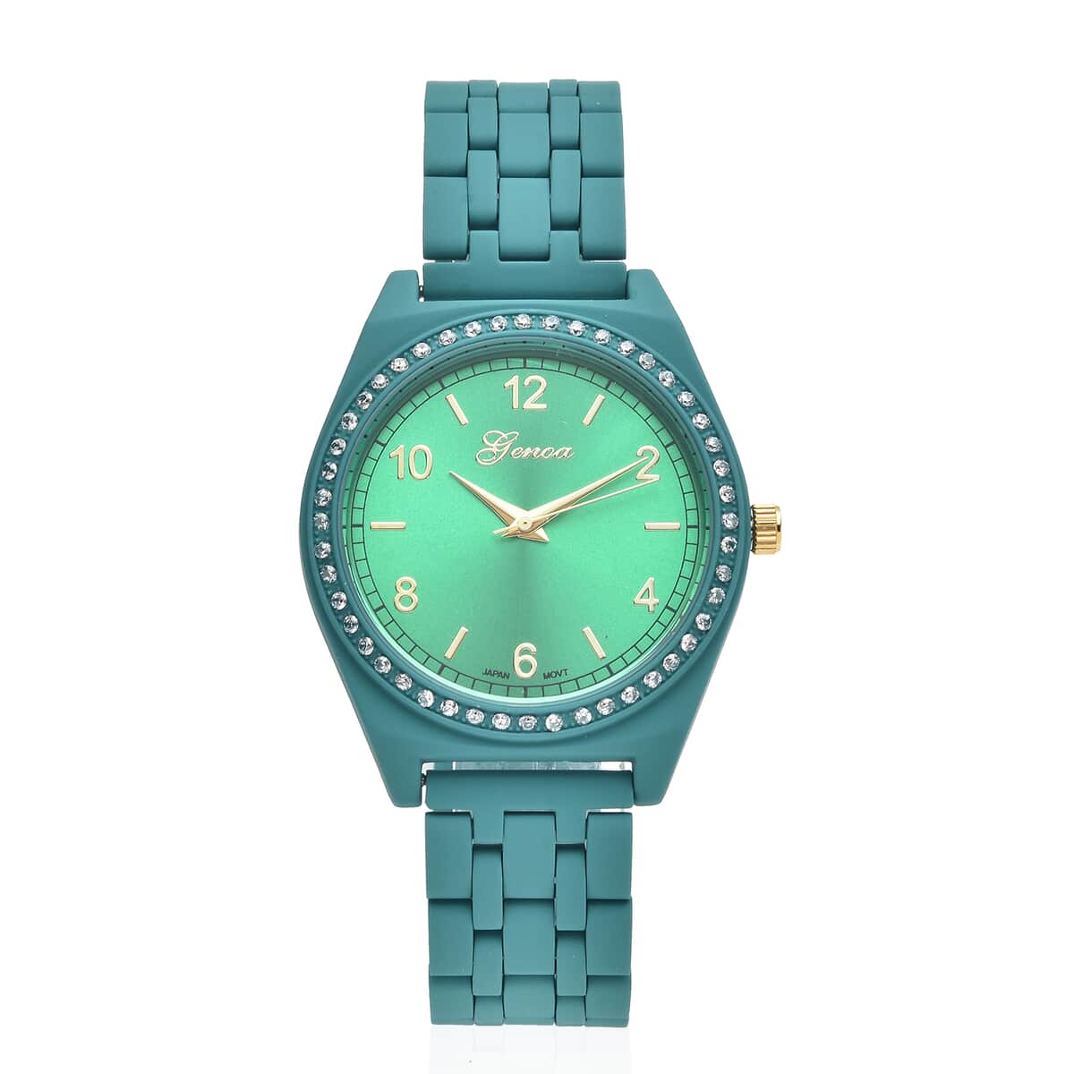 Genoa Simulated Diamond Miyota Japanese Movement Watch in ION Plated Green Stainless Steel Strap 0.75 ctw image number 0