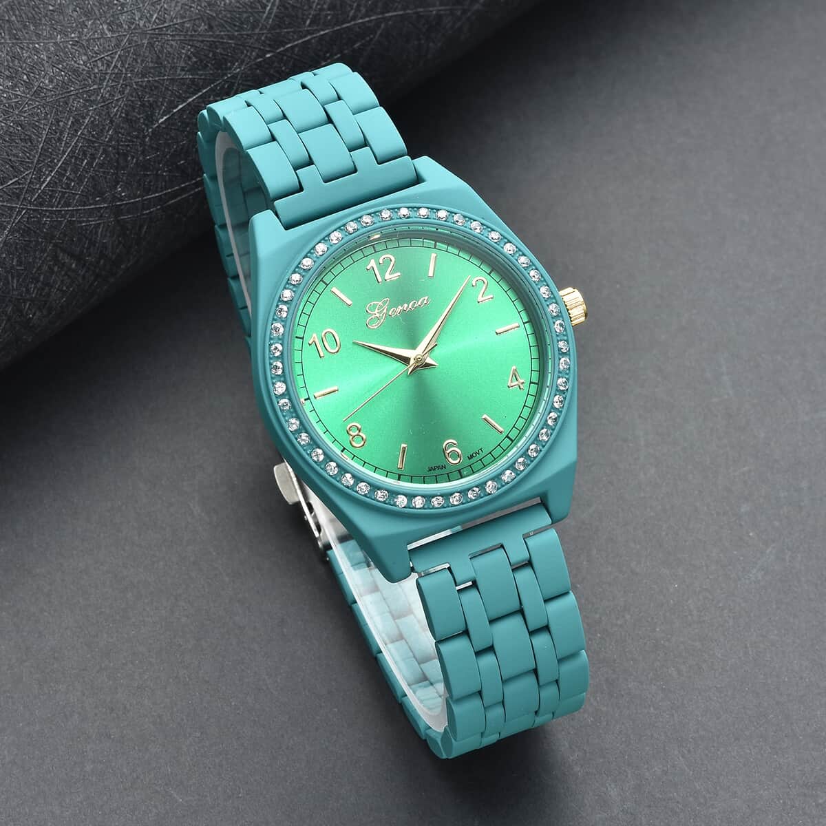 Genoa Simulated Diamond Miyota Japanese Movement Watch in ION Plated Green Stainless Steel Strap 0.75 ctw image number 1