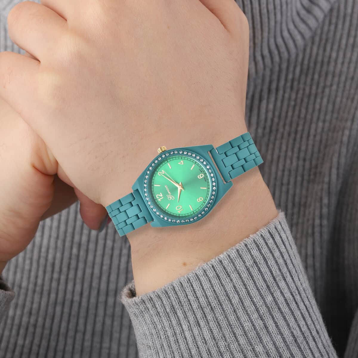 Genoa Simulated Diamond Miyota Japanese Movement Watch in ION Plated Green Stainless Steel Strap 0.75 ctw image number 2
