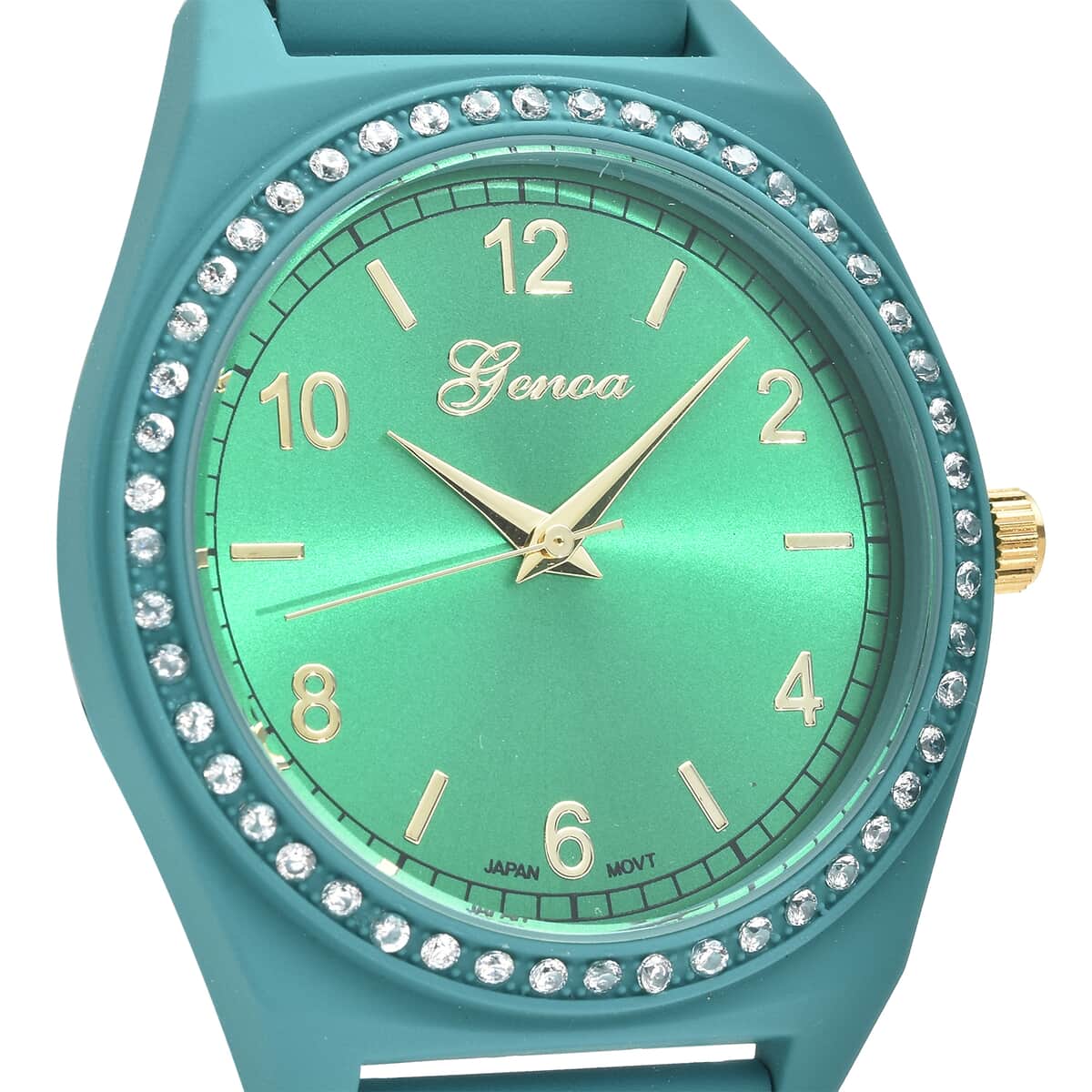 Genoa Simulated Diamond Miyota Japanese Movement Watch in ION Plated Green Stainless Steel Strap 0.75 ctw image number 3