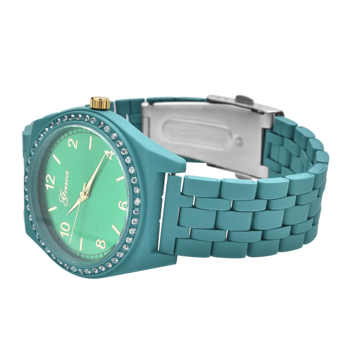 Genoa Simulated Diamond Miyota Japanese Movement Watch in ION Plated Green Stainless Steel Strap 0.75 ctw image number 4