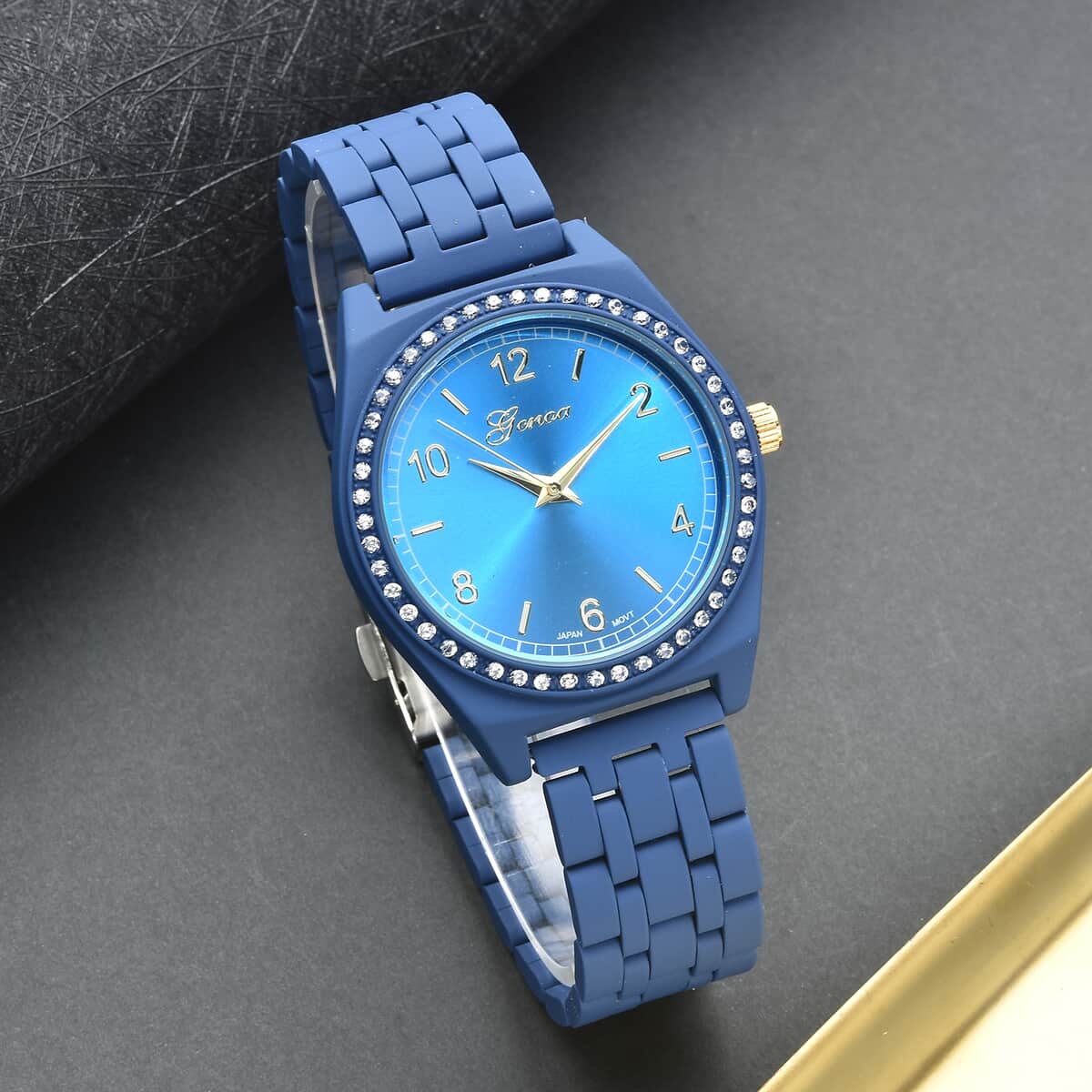 Genoa Simulated Diamond Miyota Japanese Movement Watch in ION Plated Blue Stainless Steel Strap 0.75 ctw image number 1