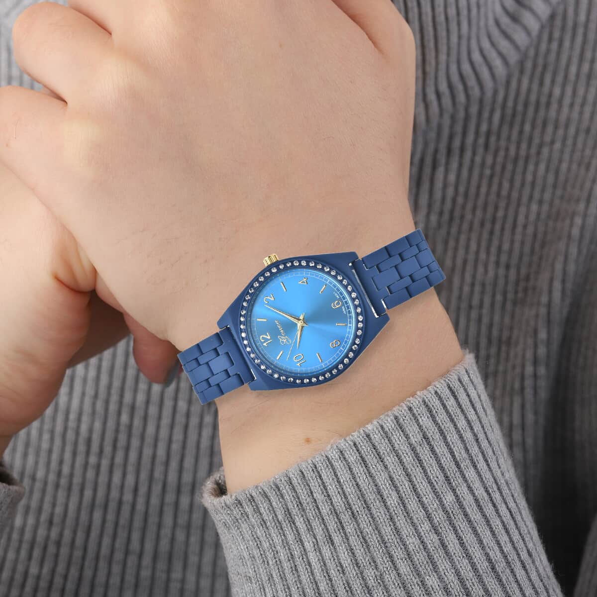 Genoa Simulated Diamond Miyota Japanese Movement Watch in ION Plated Blue Stainless Steel Strap 0.75 ctw image number 2