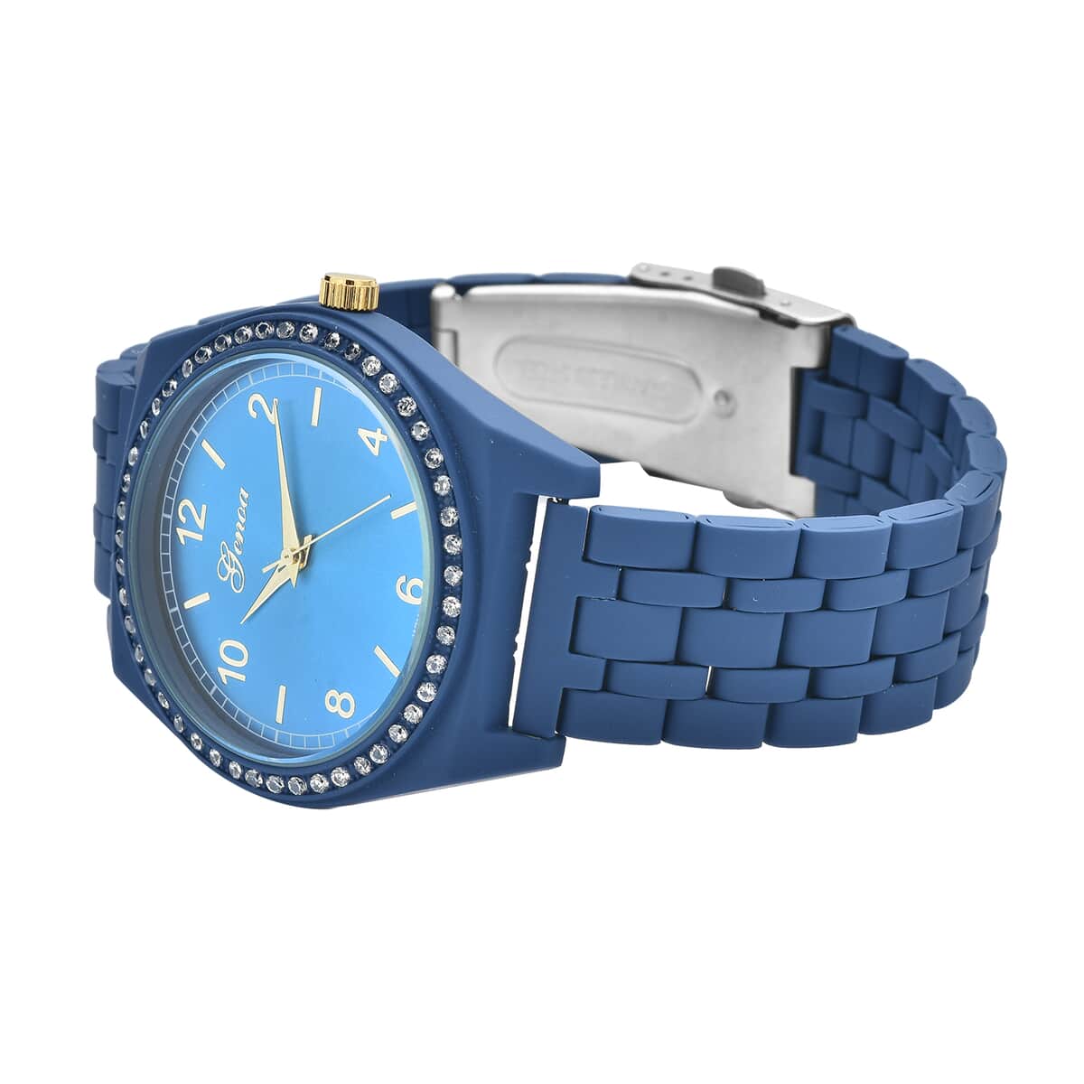 Genoa Simulated Diamond Miyota Japanese Movement Watch in ION Plated Blue Stainless Steel Strap 0.75 ctw image number 4