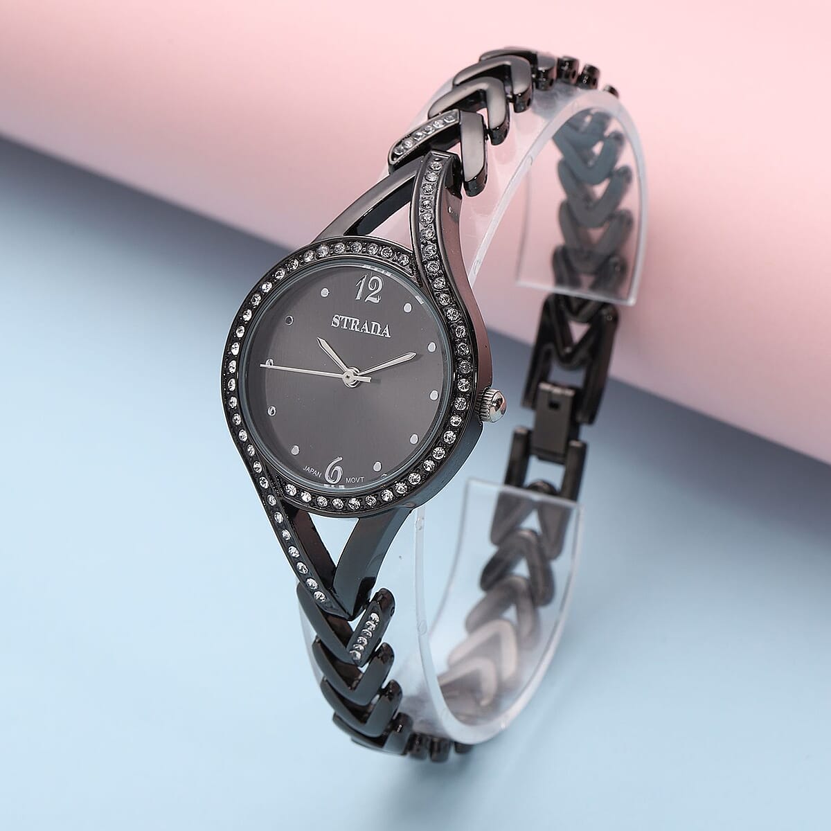 Strada Austrian Crystal Japanese Movement Watch with Black Silvertone Strap (30.20mm) (8.00 Inches) image number 1