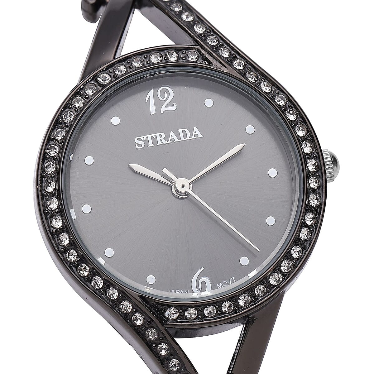 Strada Austrian Crystal Japanese Movement Watch with Black Silvertone Strap (30.20mm) (8.00 Inches) image number 3