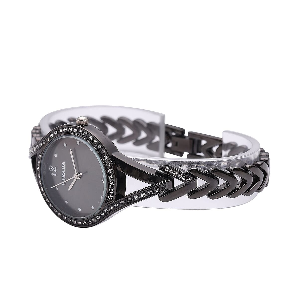 Strada Austrian Crystal Japanese Movement Watch with Black Silvertone Strap (30.20mm) (8.00 Inches) image number 4