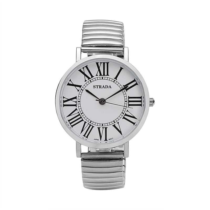 Strada Japanese Movement Stretch Bracelet Watch in Silvertone (6.75-7.25 In)