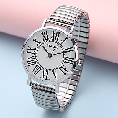 Strada Japanese Movement Stretch Bracelet Watch in Silvertone (6.75-7.25 In)