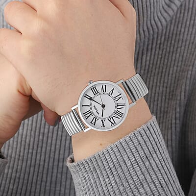 Strada Japanese Movement Stretch Bracelet Watch in Silvertone (6.75-7.25 In)