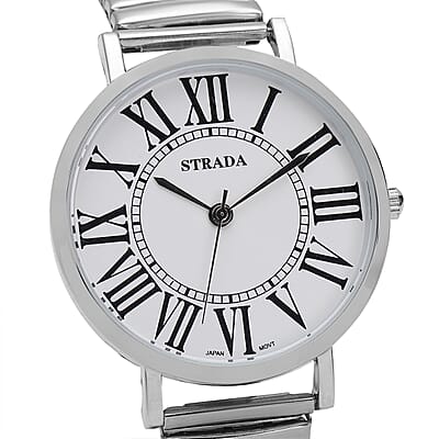 Strada Japanese Movement Stretch Bracelet Watch in Silvertone (6.75-7.25 In)