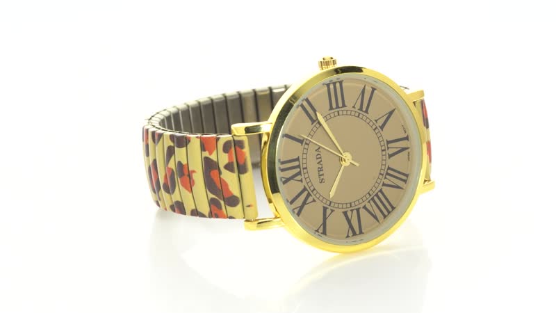 STRADA Japanese Movement Brown Dial Bracelet Watch in Goldtone with Brown Leopard Pattern Strap