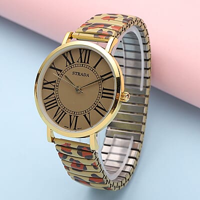Strada Japanese Movement Brown Dial Bracelet Watch in Goldtone with Brown Leopard Pattern Strap